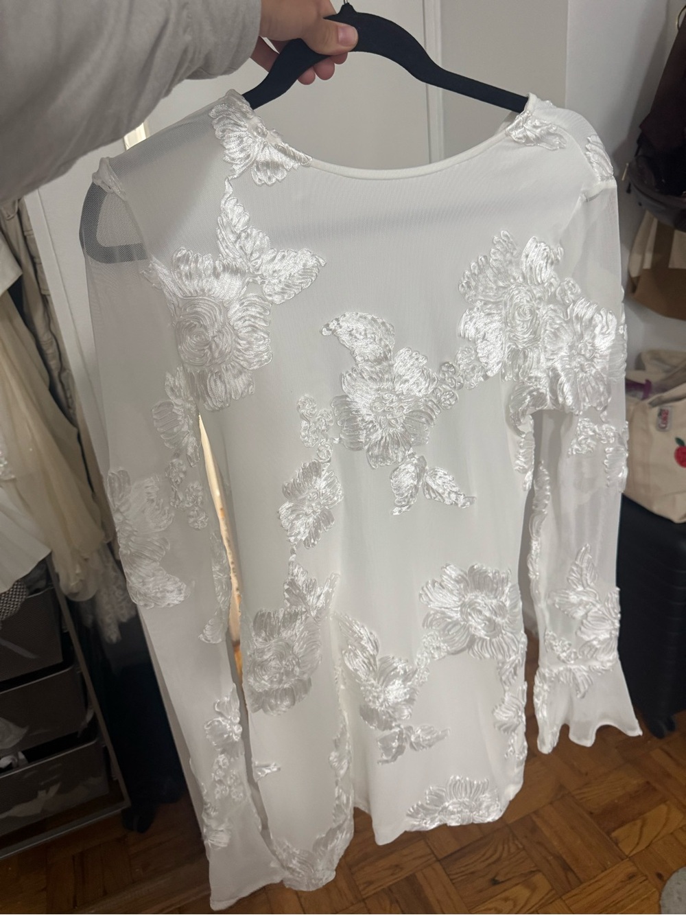 SHEIN White Sheer Floral Appliqué Long-Sleeve Dress